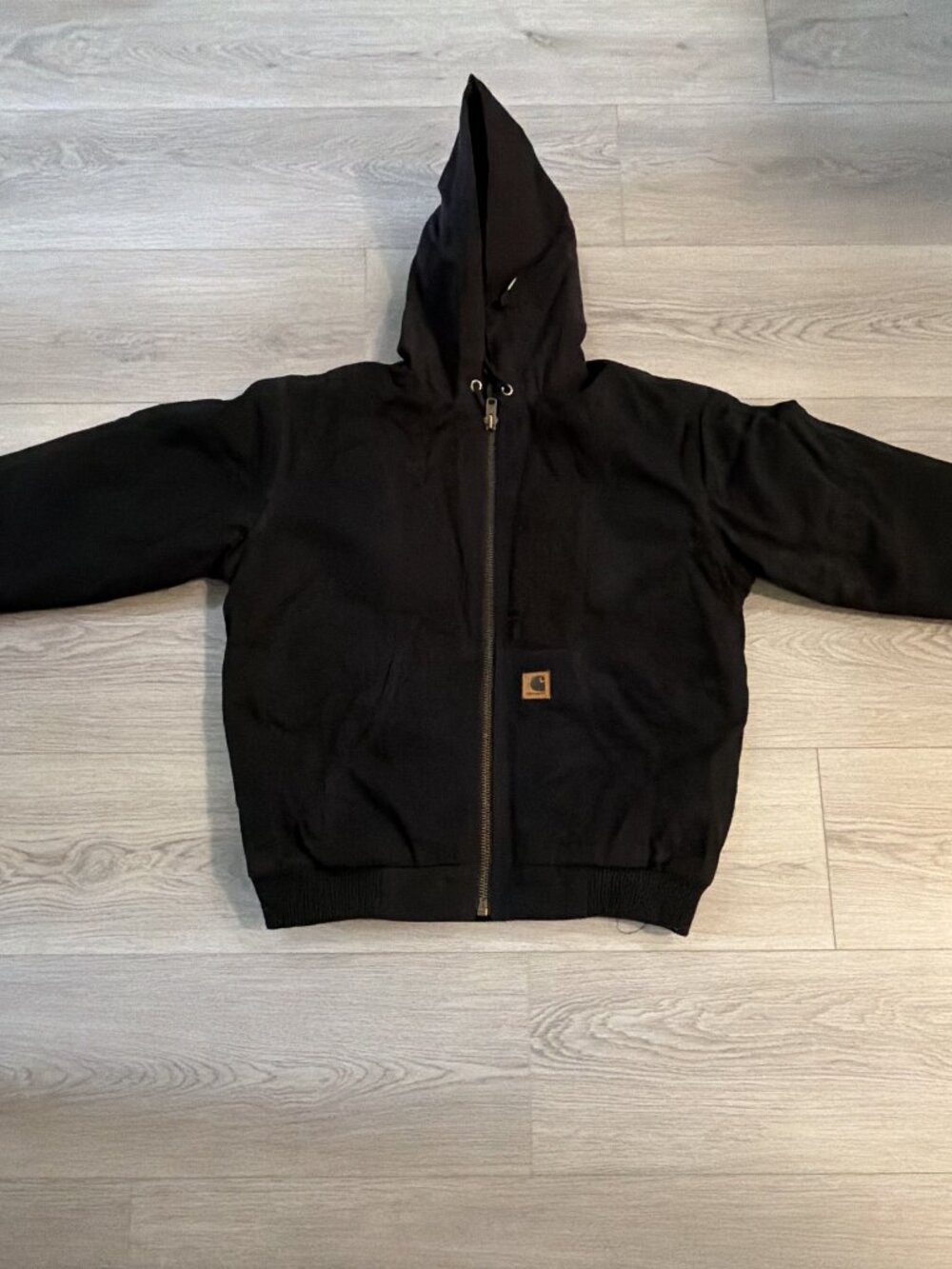 Reworked Carhartt Style Hooded Workwear Jacket Black Quilted Lined Zip Up XL